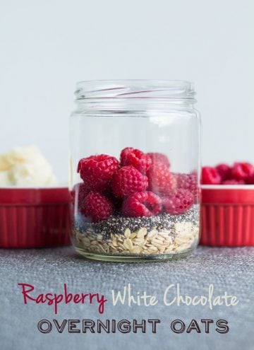 Dry ingredients for Raspberry White Chocolate Overnight Oats in a mason jar.