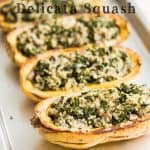 Vegetarian Stuffed Delicata Squash on a baking tray with text overlay.