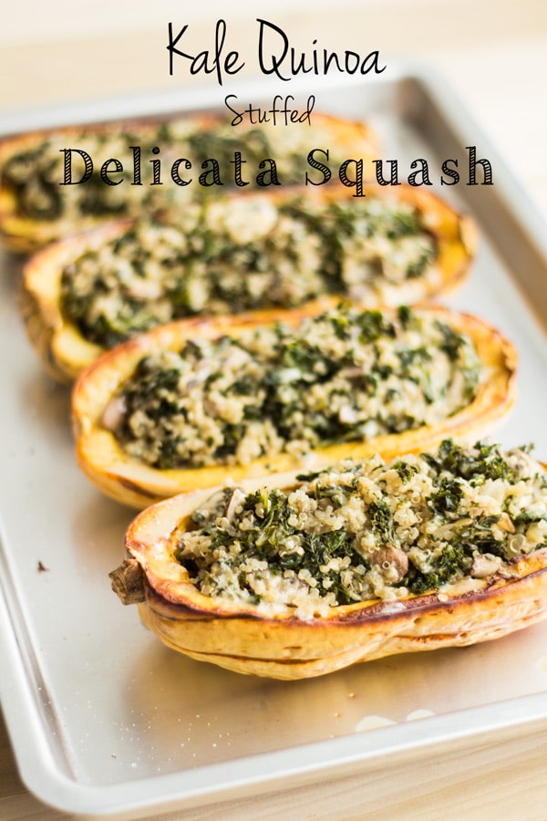 Vegetarian Stuffed Delicata Squash on a baking tray with text overlay.