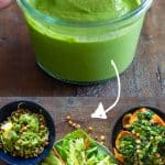 Pin collage for green sauce and 3 recipes with sauce on plates