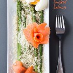Parmesan Asparagus with Smoked Salmon and soft boiled egg on a rectangular plateTop view of Parmesan Asparagus with Smoked Salmon on rectangular plate with a fork and text overlay.