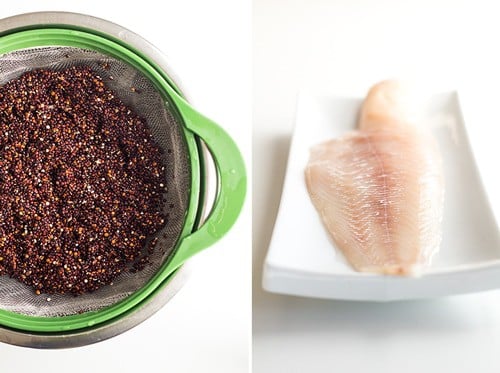 Left: Black quinoa in a strainer basket resting on a bowl. Right: raw haddock on a white rectangular plate.