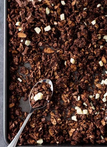 Chocolate Granola on a baking sheet