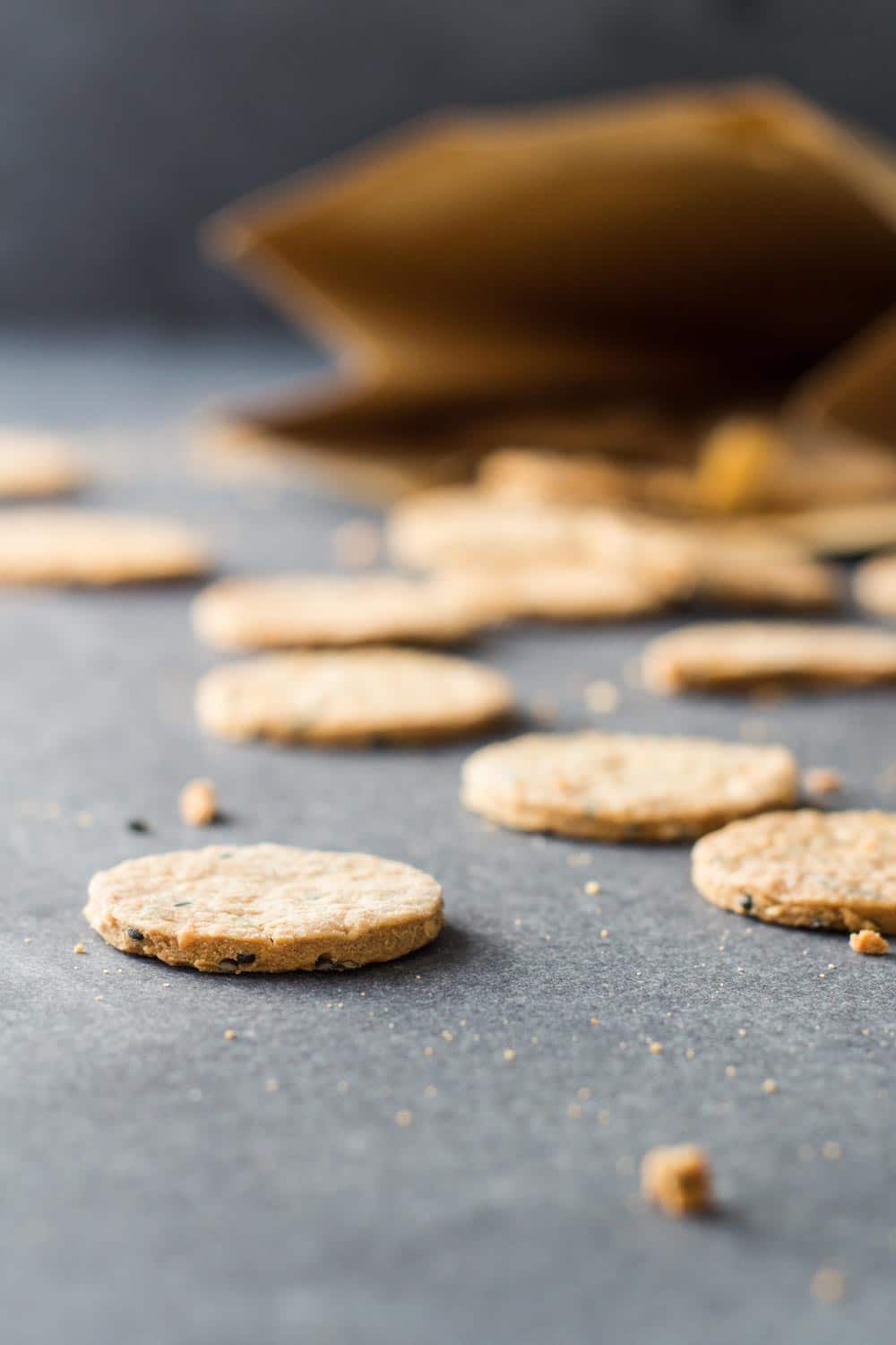 Close up of Homemade Crackers scattered on the counter.