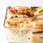 Close up of a piece of finished Artichoke Mushroom Lasagna with Bechamel Sauce.