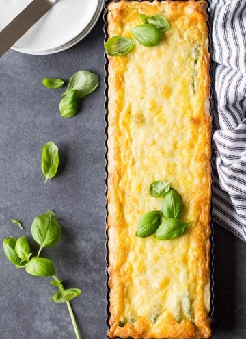 smoked salmon asparagus quiche in rectangular baking pan