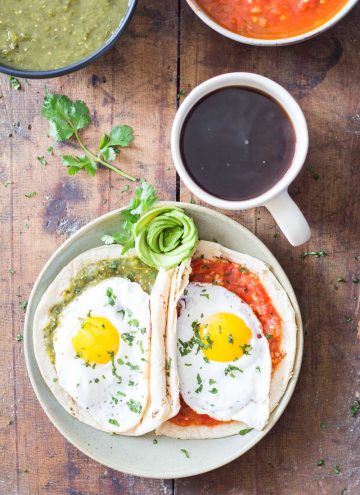 Huevos Divorciados - tortilla with salsa verde with egg and tortilla with salsa roja with egg