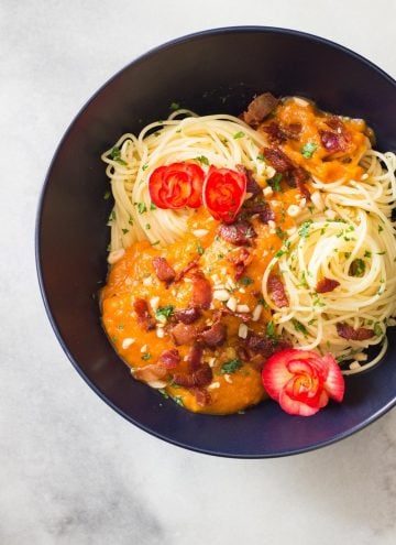 Bowl of spaghetti with Butternut Squash Pasta Sauce with Bacon.