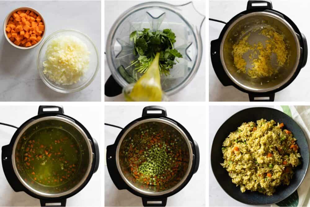 Photo collage of process of making green rice in the pressure cooker.
