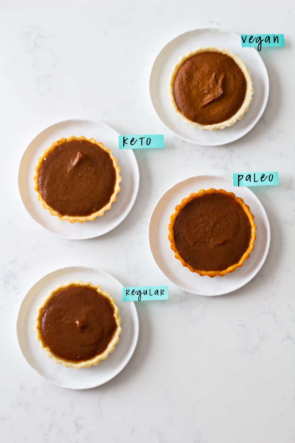 Four different pumpkin pies on white plates: vegan, keto, paleo, and regular.