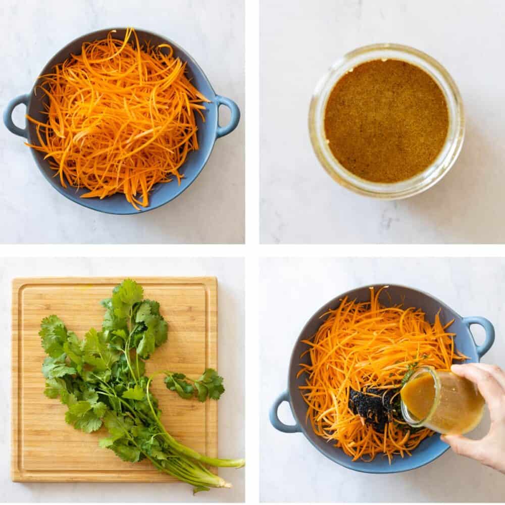 Photo collage of step-by-step process for making carrot salad.