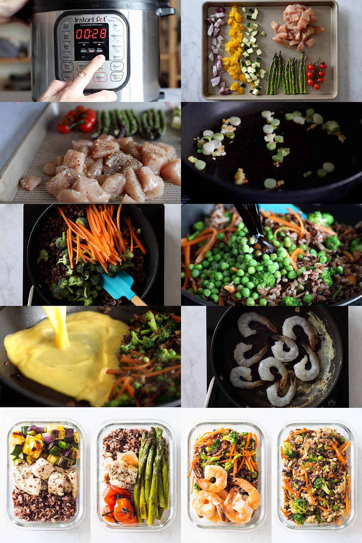 Step by step photo instructions of how to meal prep 4 different lunches.