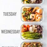 4 Glass Meal Prep Containers with different Recipes one next to the other and text overlay saying Monday, Tuesday, Wednesday, Thursday.