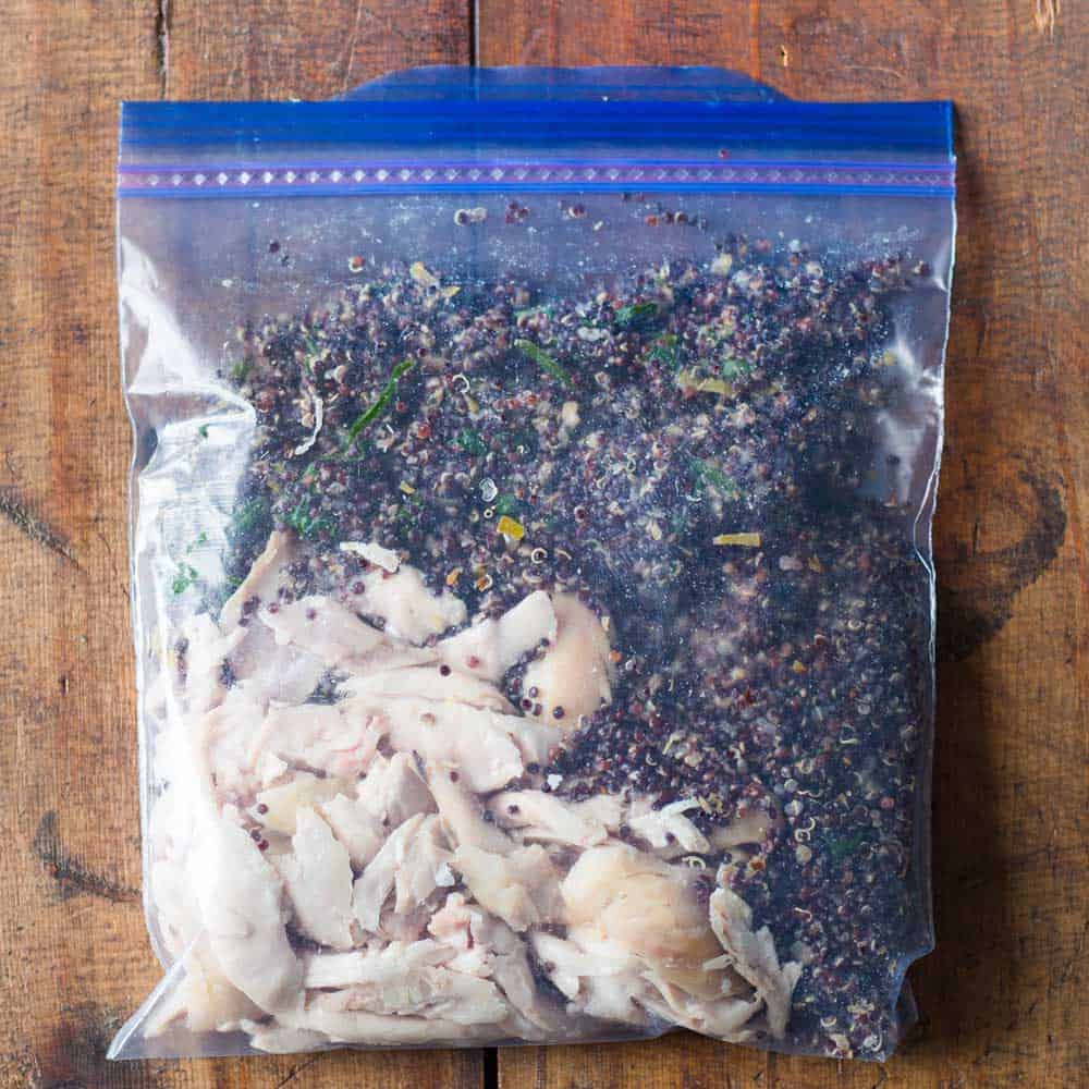 shredded chicken with black quinoa as healthy freezer meal in Ziploc bag