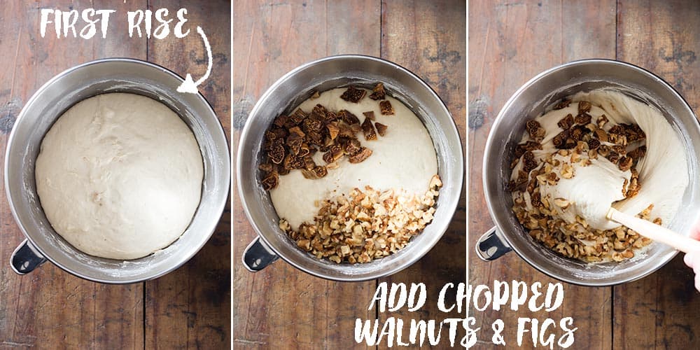 Process shots of first rise, dry figs and walnut added to dough and mixed into artisan bread dough.