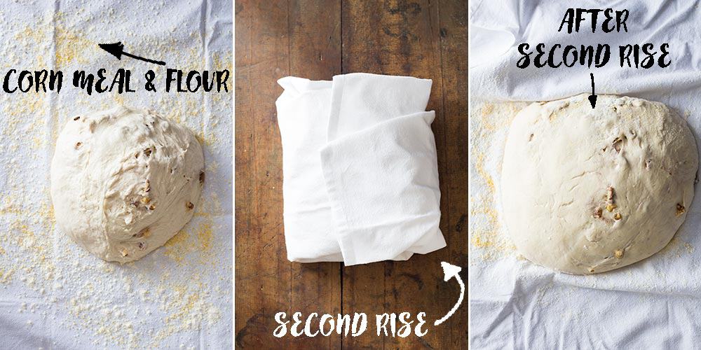 Artisan Bread dough before during and after second rise in a clean dish towel.