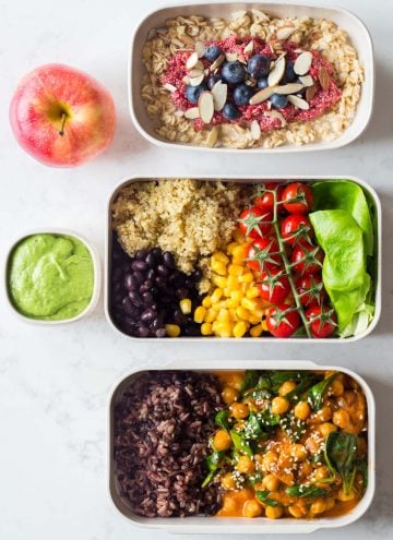 Meal prep containers filled with all the food for the vegan meal plan.