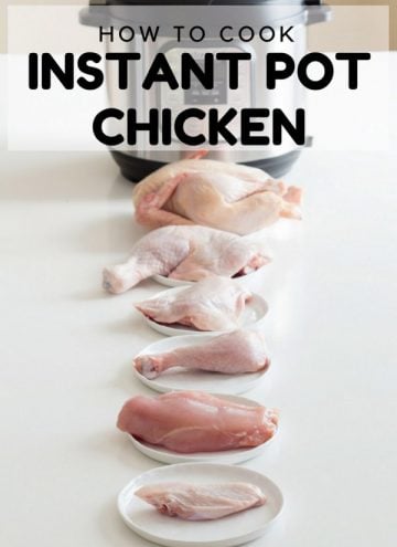 whole chicken and chicken parts in front of an instant pot with text overlay saying how to cook instant pot chicken