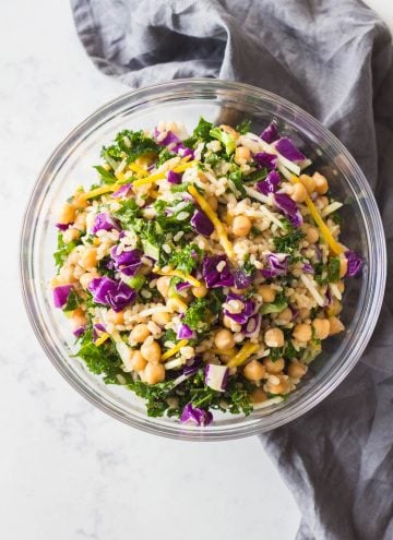 Brown Rice Salad with Beets and Kale in a bowl.