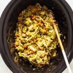 Chicken and Rice in Crock Pot with chicken shreeded and vegetables mixed under