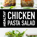 Pin for Chicken Pasta Salad Recipe composed of two photos and white text on black background.