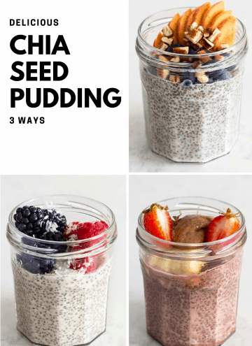 Chia Seed Pudding in 3 jars with text overlay Chocolate Chia Seed Pudding, Almond Milk Chia Seed Pudding and Coconut Milk Chia Seed Pudding.