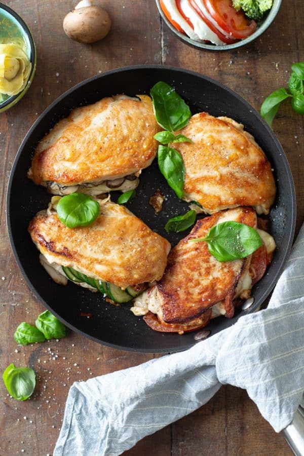 Cooked Stuffed Chicken Breasts in a pan