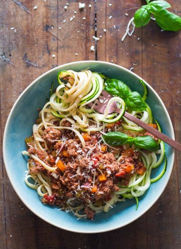 Slow Cooker Bolognese over linguini & zucchini noodles