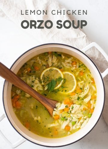 Lemon Chicken Orzo Soup in a white pot