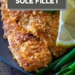 Breaded Sole Fillet on a plate with text overlay of recipe title for Pinterest.