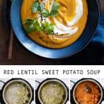 Photo collage of step-by-step instructions of how to make sweet potato soup for Pinterest.
