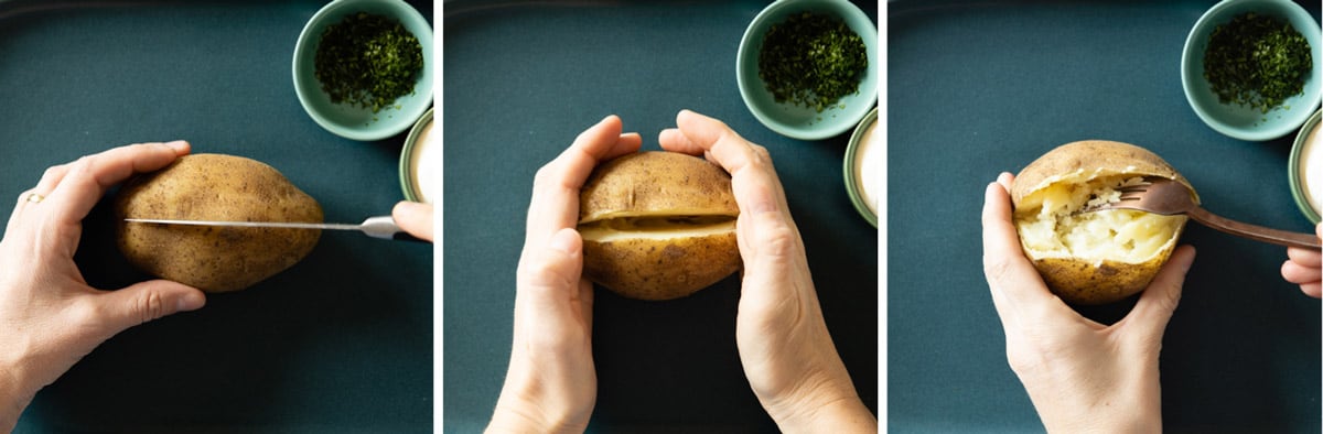 Photo collage of how to cut a baked potato and press it open. Step by step photo instructions.
