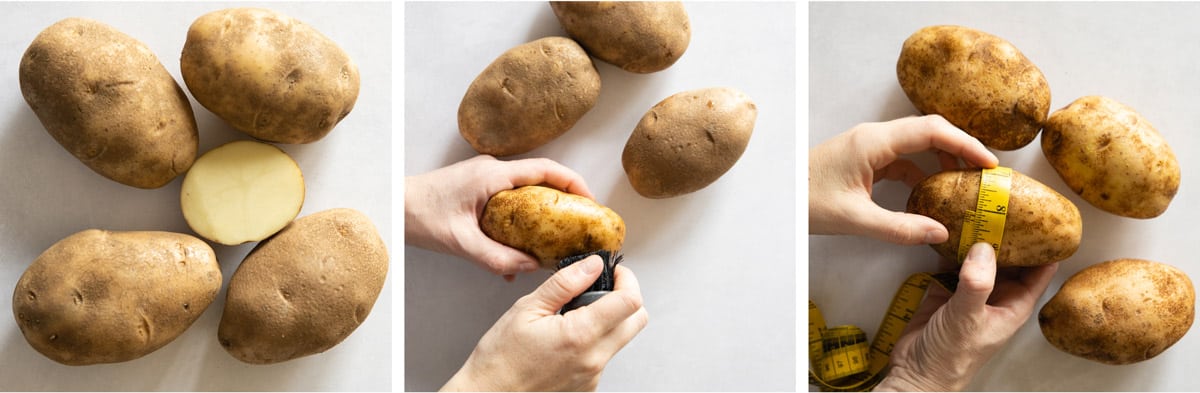 Photo collage of russet potatoes being washed and diameter measured.