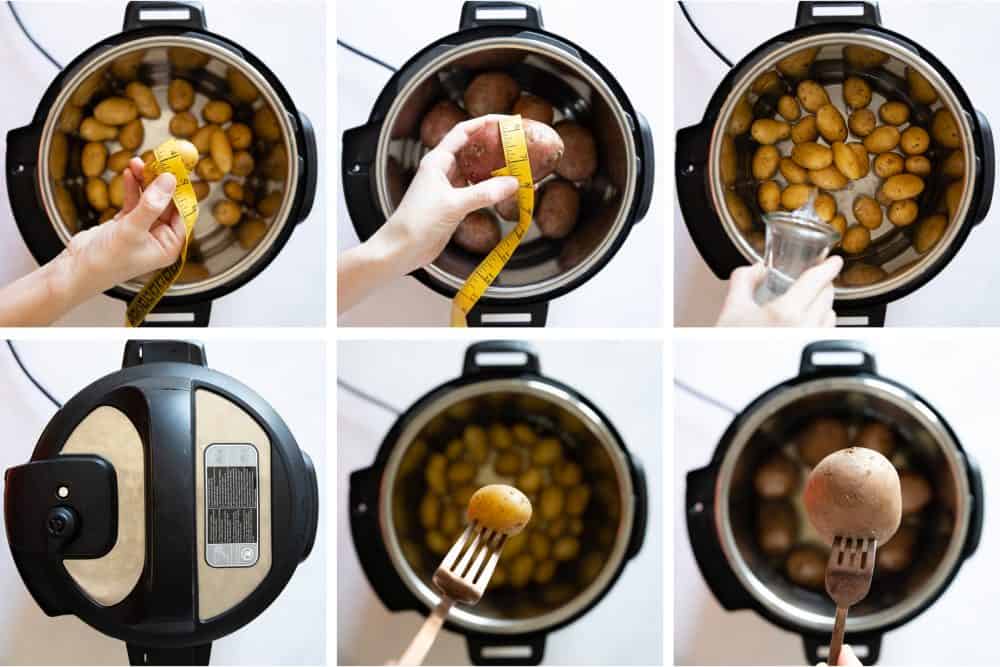 Photo collage of step-by-step instructions on how to cook potatoes in the instant pot. instant pot boiled potatoes