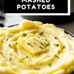Close up of mashed potatoes made in the instant pot with text overlay for Pinterest.