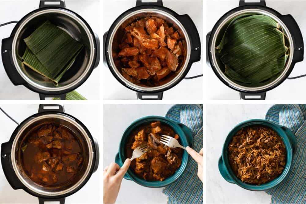 Photo collage of process of making cochinita pibil in the pressure cooker.