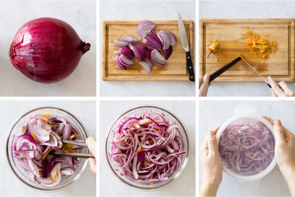 Photo collage of process to make spicy pickled red onions.