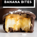 One chocolate covered banana bite bitten into to show inside texture with text overlay for Pinterest.