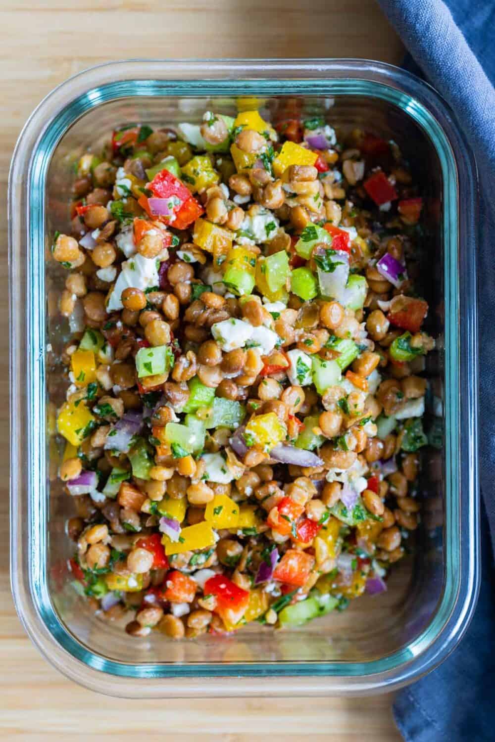 lentil salad in a glass bowl.