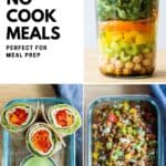 photo collage of 3 meals with text overlay that says: quick and easy no cook meals perfect for meal prep.