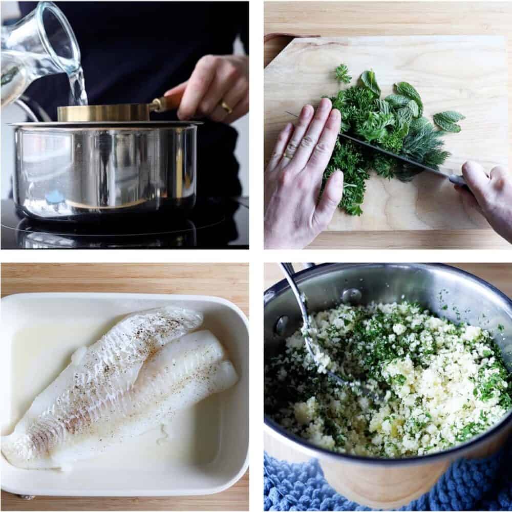 Photo collage of step-by-step process of how to make baked haddock and herb couscous.