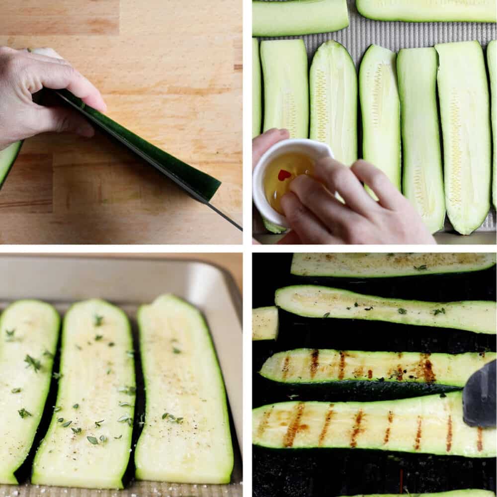 Photo collage of step-by-step process of how to make grilled zucchini.