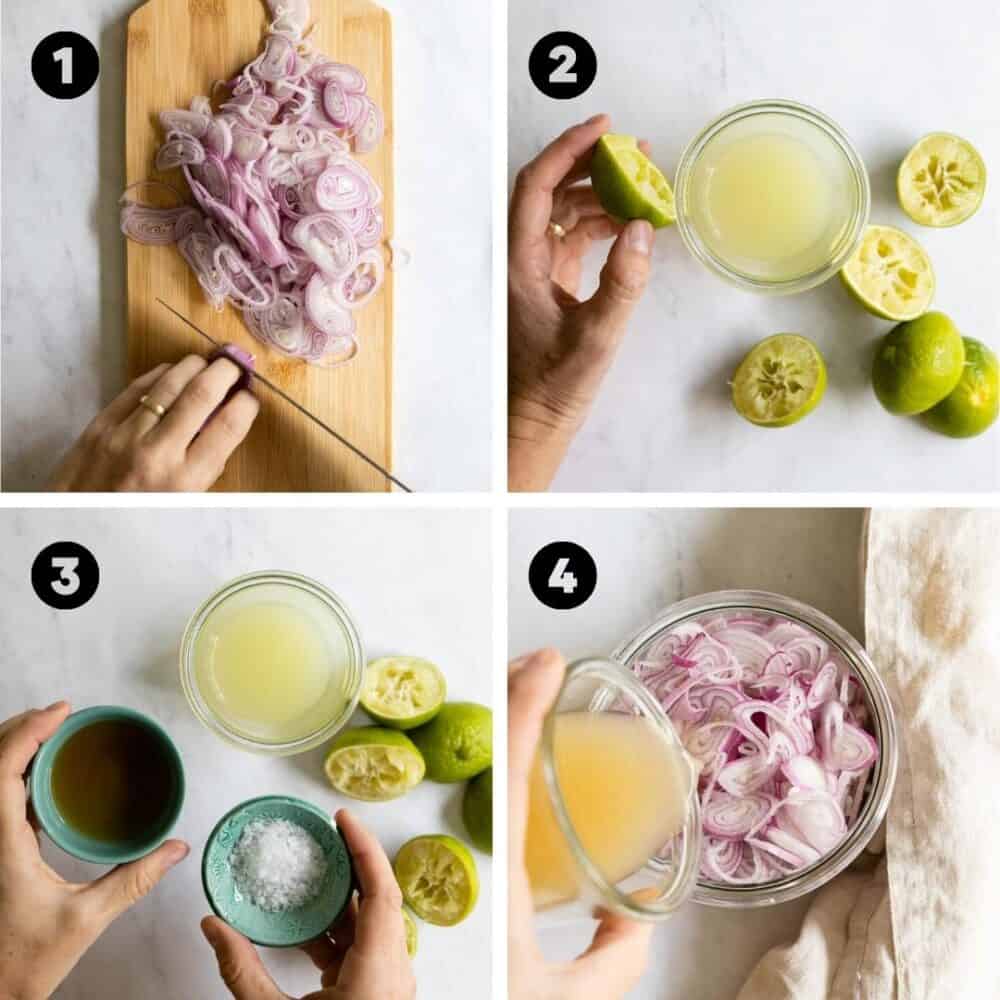 Photo collage of step-by-step instructions on how to make pickled shallots.