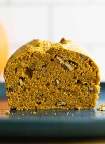 Closeup showing texture of cut open pumpkin bread.