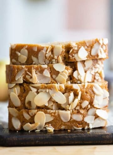 Slices of apple bread stacked on top of each other.