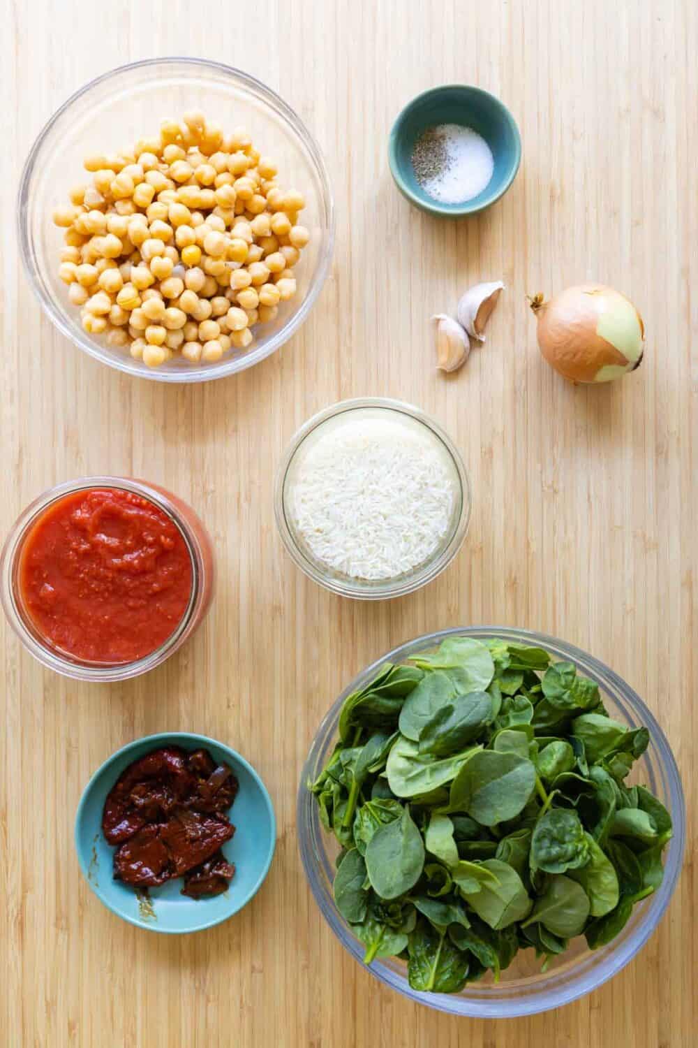 Ingredients for Chipotle Chickpea Bowls laid out on a kitchen counter.