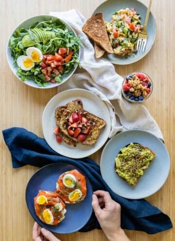 All 6 brunch ideas next to each other on a kitchen counter.