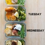 Four glass containers with sheet pan chicken, green beans, broccoli, potato, rice, quinoa, and sweet potato.