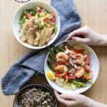Three serving bowls filled each with a different 30-minute dinner recipe with text overlay for Pinterest.